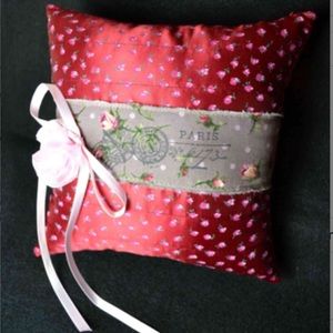 Handmade wine red wedding Ring Bearer’s Pillow floral Paris tiny roses romantic